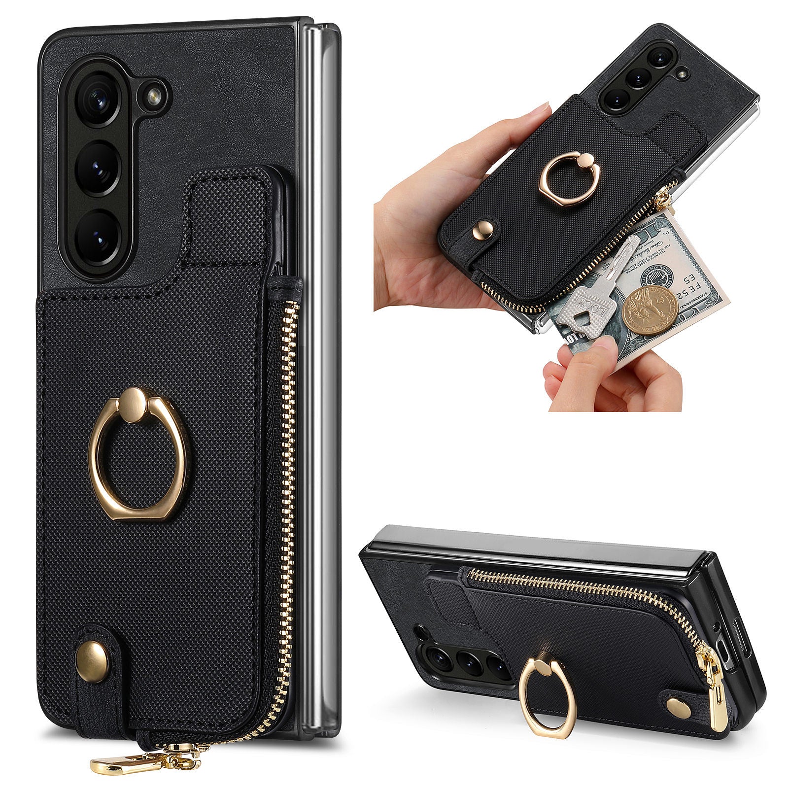 Retro Zipper Wallet Phone Case for Samsung Galaxy Z Fold5 5G PU PC Rotating Ring Kickstand Phone Shell Retro Zipper Wallet Phone Case for Samsung Galaxy Z Fold5 5G PU PC Rotating Ring Kickstand Phone Shell